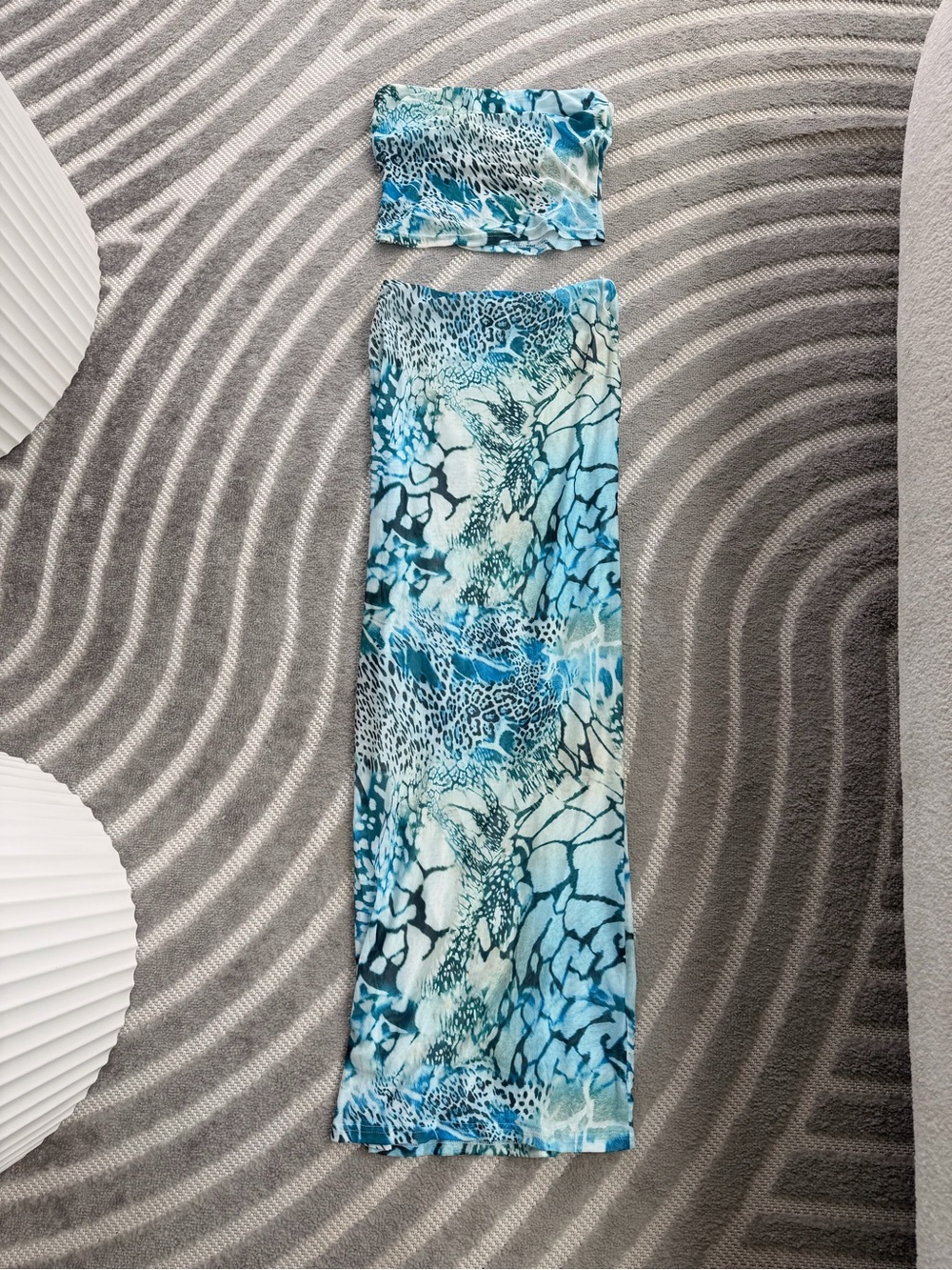 Blue Patterned Strapless Skirt Set